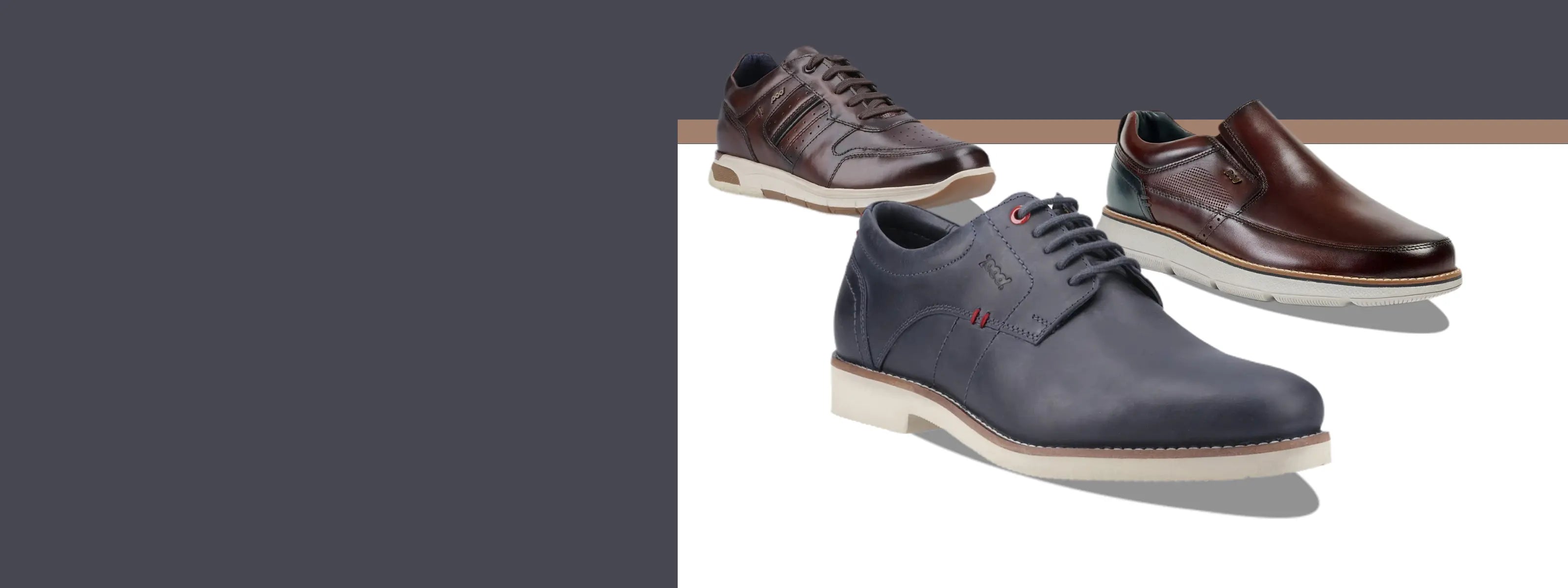 A selection of POD casual footwear styles on a blue and white background