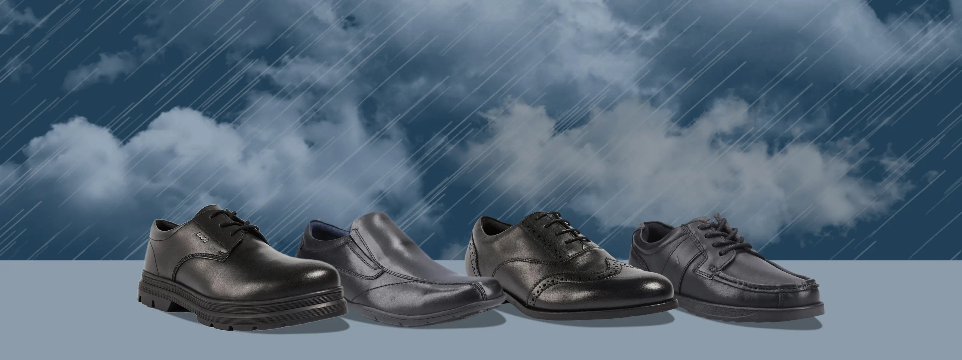 Water resistant POD school shoes with storm clouds and rain behind.