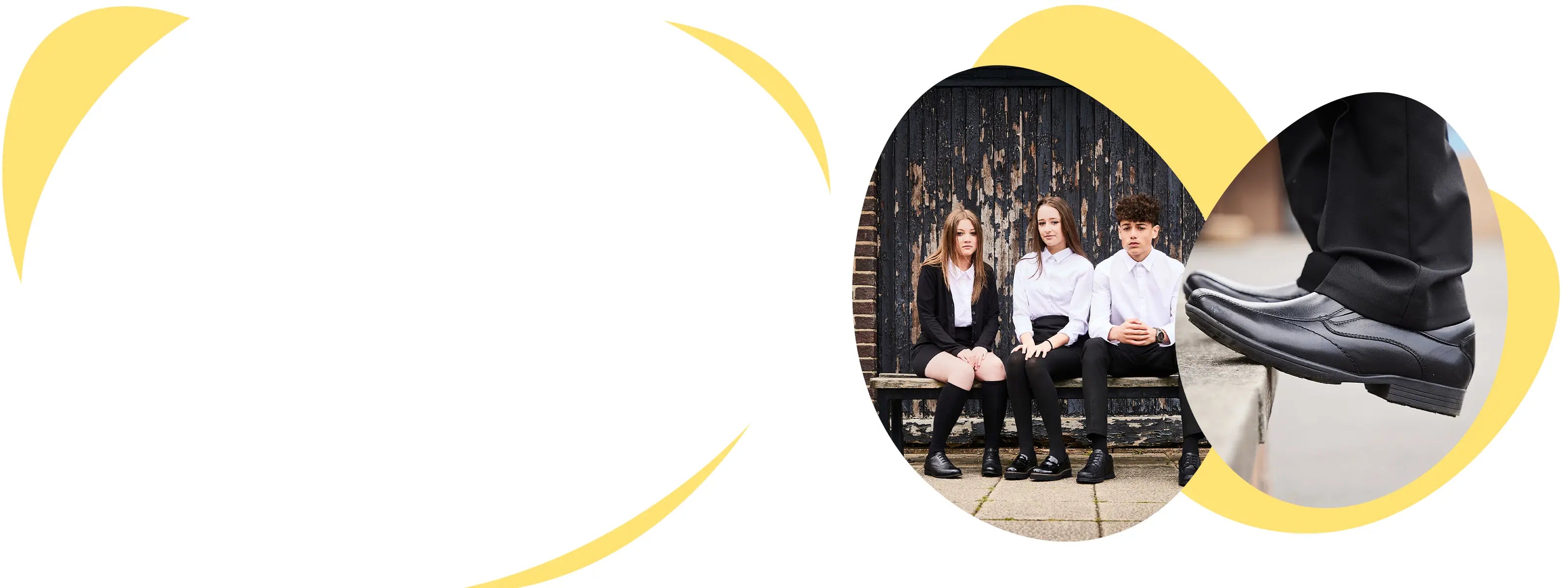 Two school girls and a school boy sat on a bench wearing POD school shoes. A close-up image of a pair of POD men's Dundee XL shoes.