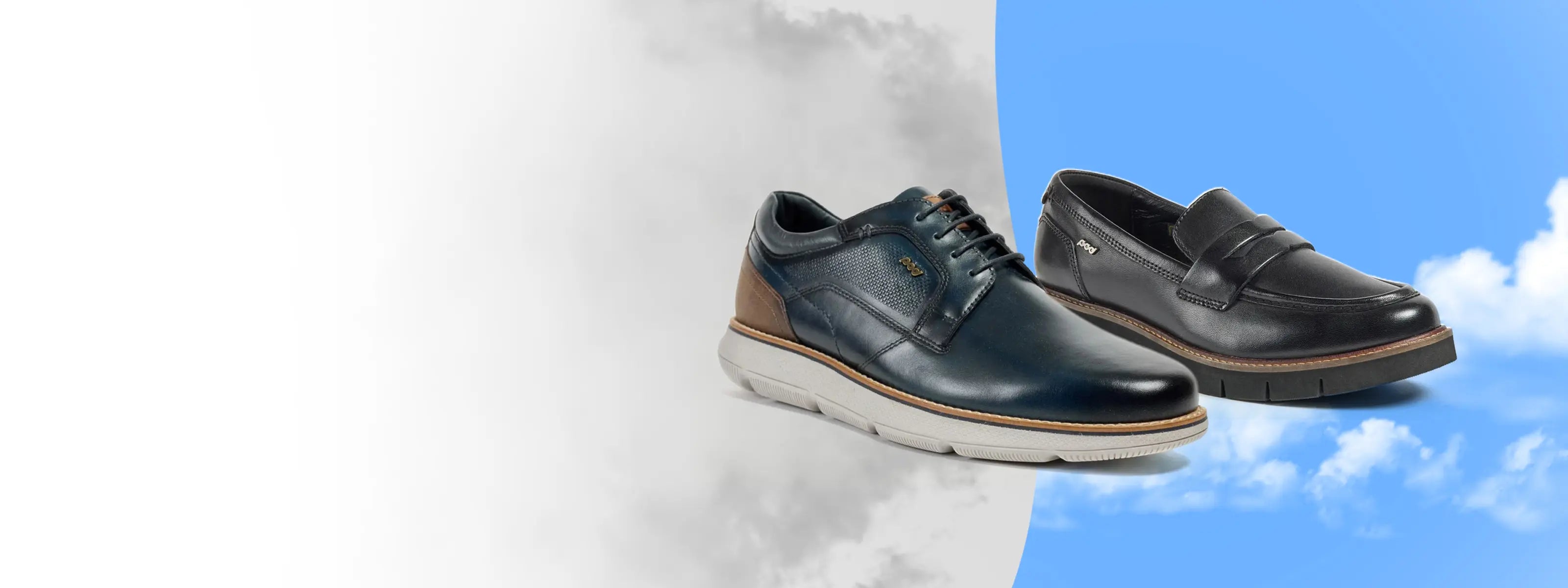 A POD Men's Finch Casual Derby Shoe and POD Women's Kaltin Loafers on a cloudy and sunny sky background.